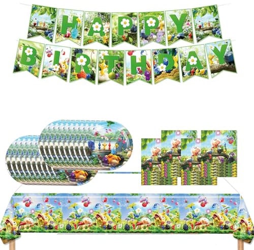 Lamden Pikmin 41pcs Birthday Party Supplies - Green Cartoon Pikmin Game Theme Party Decorations with Banner, Plates, Napkins & Tablecloth for Boys/Girls Kids Birthday Party
