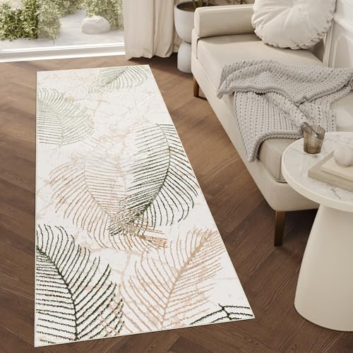 TAPISO Crystal Läufer Teppich Glänzend Gold Beige Grün Blätter Palmenblätter Wohnzimmer Schlafzimmer Flur Korridor Modern Design ÖKO-TEX 120 x 320 cm