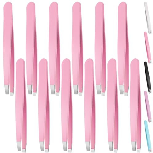 Swpeet 12PCS pinces à sourcils roses de 3,79 pouces pinces à épiler en acier inoxydable, pinces à épiler de précision à pointe inclinée professionnelles pour hommes et femmes