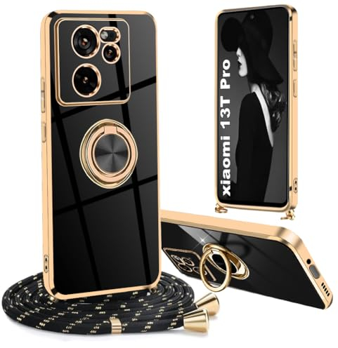 Ptny Handykette für Xiaomi 13T/ Xiaomi 13T Pro Hülle mit Band, 360 Grad Ring Halter Magnetische Handyhülle, Galvanisierte TPU Schock Schutzhülle, Mode Glitzer Hülle mit Abnehmbar Kordel, Schwarz