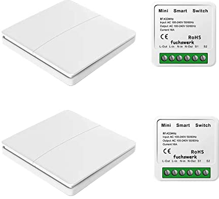 Funktaster Set - Funk-Wandschalter Lichtschalter mit Empfänger - 30M Reichweite Drahtlos Kinetischer Batterieloser | 2-Kanal/2-2er-Taster