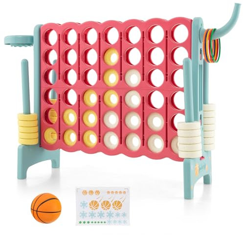 COSTWAY Giant Connect 4, 3-in-1 Family Game with Basketball Hoop, Ring Toss, 42 Jumbo Ring, 4 in A Row Game Set for Indoor Outdoor (Blue+Pink)