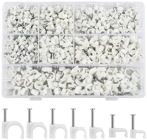 USENG Juego de 700 piezas Grapas Cable Pared Abrazaderas Para Cable con Clavos Grapas Para Cables Pared Cables Clips con Clavos Cables con Clavos de Acero Clavos Cable Pared 4/5/6/8/10mm Blanco