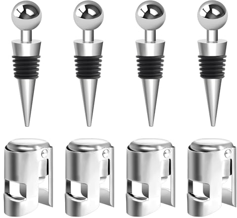 8 Stück Flaschenverschlüsses Set, 4 Weinflaschenverschluss und 4 Sektverschluss, Sektflaschenverschluss Flaschenverschluss Bierflaschen Weinstopper aus Edelstahl für Rotwein