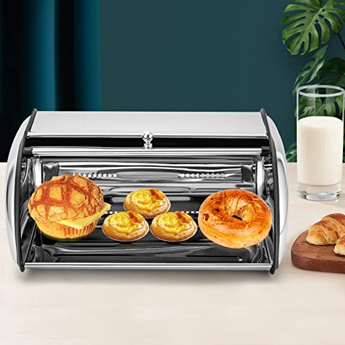 Shiyinge Caja de almacenamiento para pan de alimentos de acero inoxidable de 5 litros, contenedor para panera para el hogar, pasteles, panera con asa, tapa enrollable, ventana transparente, metal,