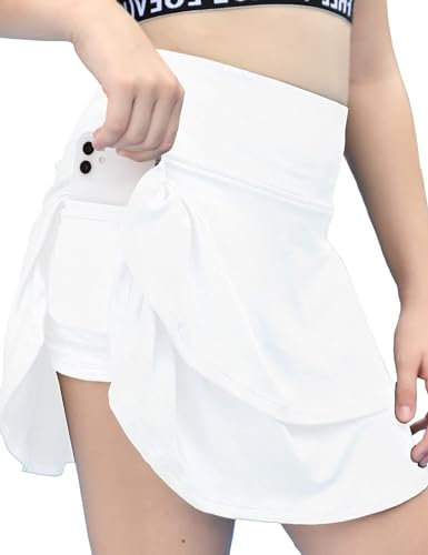 Haloumoning Jupe de tennis d'été pour fille - Jupe plissée - Sport - Skater - Jupe trapèze - Avec poches, Blanc., 6-7 ans