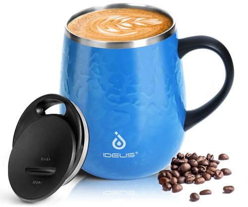 Ideus 16 oz Insulated Coffee Mug with Handle and Lid, Double Wall Stainless Steel Vacuum Insulated Tumbler Cup, Travel Coffee Cup Thermal Cup for Home Office (Leopard Blue)