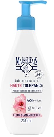 Le Petit Marseillais | Lait Soin Apaisant Haute Tolérance Fleur d'Amandier Bio (flacon-pompe de 250 ml) – Lait corps pour peaux sèches et sensibles – 95% d'origine naturelle et 48 h de confort