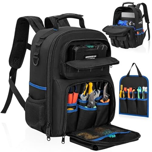 LASUK Werkzeugrucksack, robuste Werkzeugtasche mit gepolsterter Schulter und abnehmbarem Werkzeug-Organizer, wasserabweisender Arbeitsrucksack, für Elektriker, Klempner, HVAC, Kabelreparator, Schwarz