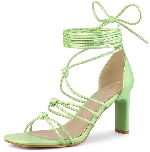 Allegra K Sandalias de tacón Grueso con Tiras Cordones para Mujer Verde Lima 36