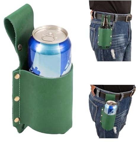 Leather Beer Holster Belt Holder, Beer Gifts for Men - Grilling Accessories, Army Green