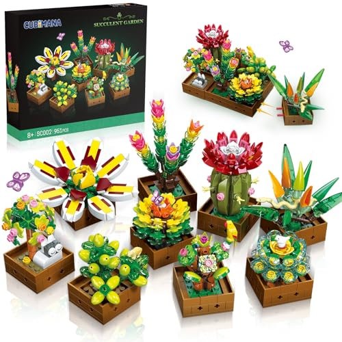 CUBIMANA Set di 9 piante grasse da costruzione, 951 pezzi, collezione botanica, piante artificiali, giocattolo per la casa, la casa, la stanza, regalo di compleanno, per adulti, donne, bambini, 8+
