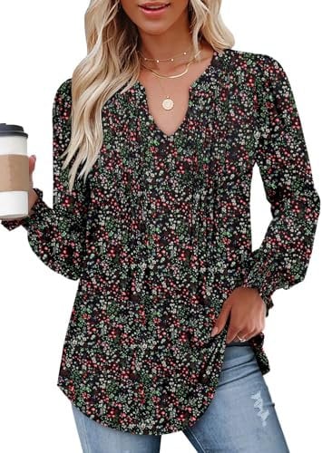 CHICZONE Women's Tops Sexy V Neck Pleated Shirts Blouses Puff Long Sleeve Dressy Casual