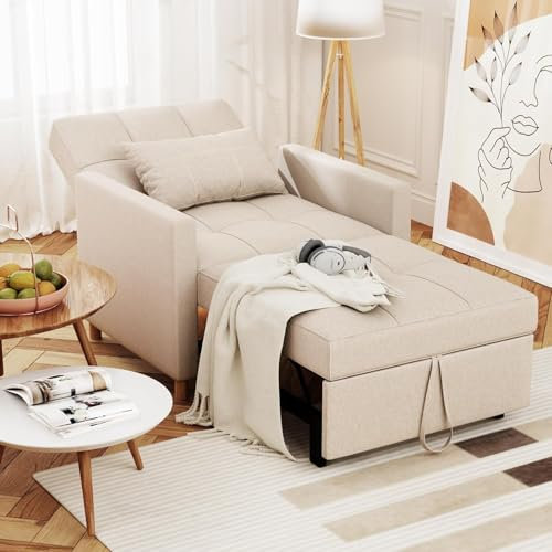UNIONLINE Einzel-Sofasessel, grau, Schlafsofa, Stuhl, Bett, ausziehbar, 3-in-1, Verstellbarer Schlafsessel, Bett mit Seitentasche, kleines Zimmer/Wohnzimmer/Wohnung (Beige, 80cm Breite)