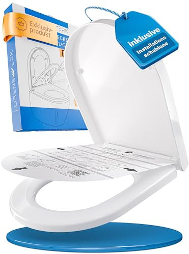 LOBENSWERK WC Sitz D Form [LANG] einfache Montage | Toilettendeckel mit Absenkautomatik | WC-Sitz D-Form, Klodeckel, Klobrille, antibakteriell & UV-beständig inkl. Installationsschablone