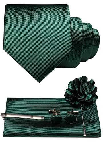 JEMYGINS Corbata de sarga para hombre con diseño monocolor, incluye gemelos cuadrados de bolsillo, pinza de corbata y broche de flores, set de regalo para fiestas, negocios, bodas, verde oscuro, M