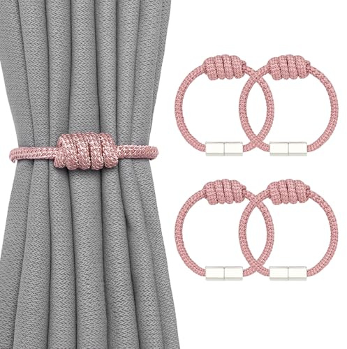 Pretty Jolly 2 Pack Mini Magnetic Curtain Tiebacks Modern Simple Style Drape Tie Backs Elegant Hand Weave Rope Knot Decorative Curtain Holdbacks for Home & Office Window Drapery (Pink)