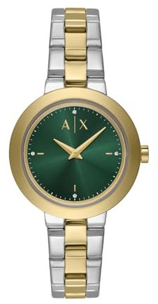 Armani Exchange Watch for Women, Quartz Movement and 36mm Case Size with Stainless Steel, Leather or Silicone Strap Goldton und Grün,36MM
