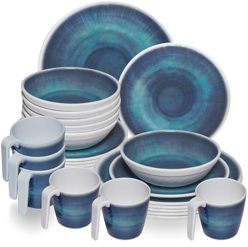 Melamin Geschirr Set Jesolo Blau für 6 Personen - 24 Teile - mit Tassen Steingutoptik Spülmaschinengeeignet Essgeschirr Campingzubehör Campinggeschirr Wohnwagen Camping Festival Picknick Gartenparty