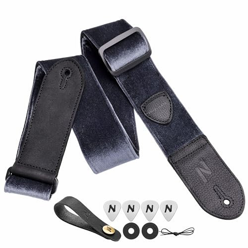 Nefelibata Gitarrengurt,Doppeltes Vollnarbenleder,Vintage Velvet Strap/FREE BONUS-4 Plektren+Strap Locks+Strap Button,Geschenk für Bass,Elektro&Akustik Gitarren(Vintage-Grau)
