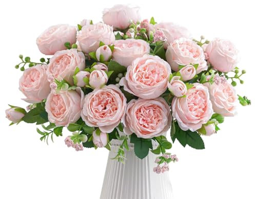 AUMAYCO 4 Bunches Pfingstrose künstliche Blumen, Künstliche Rosen Bouquet, Lebensechte Seide Pfingstrose Sträuße für Home Décor, Faux Seide Rosen Blumenarrangement für Party Zentrum Stück, Hellrosa