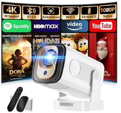 Proiettore 1080P FHD[2026 Upgraded] Mini Proiettore Portatile 4K con Bluetooth 5.4 WiFi 6 Projector TV Auto Keystone Videoproiettore con HDMI/Phone/USB/TV Stick/Laptopcon Cavo HDMI & Mouse,Bianco