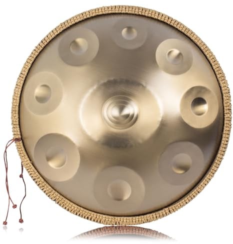 LOMUTY Handpan, Steeldrum, Handtrommel Musikinstrumente, Gold | 432HZ 19 Zoll 48cm 9 Töne D Moll Hand Pan, Handpan Drum für Meditation und Yoga, Hand Drum mit Tragtasche und Ständer
