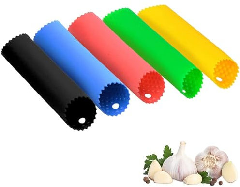 Garlic Peeler, 5 Pcs Silicone Garlic Roller Peeling Tube, Easy Useful Kitchen Tools (Red, Yellow, Green, Blue, Black)