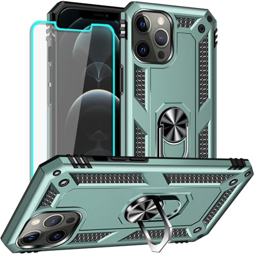 Yiakeng iPhone 12 Pro Max Case with Screen Protector: Military Grade Protective Cases with Ring Holder Kickstand for - iPhone 12 Pro Max (Dark Green)