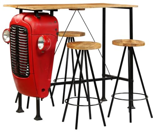 Teenpull Bar-Set 5-TLG. aus Massivholz Mango 120x60x107 cm, Industrie-Design für Küche & Esszimmer, Robustes Möbel-Set mit Traktor-Stehtisch & 4 Barhockern