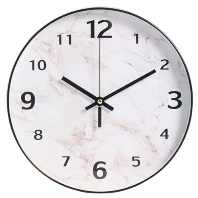 OHS Round Wall Clock Silent & Non Ticking Modern Quartz 12 Battery Operated Analogue Quiet Decorative Wall Clock for Living Room School Bedroom Kitchen Decor, White Marble