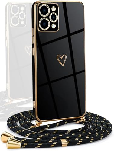 YAMCCCSE Coque avec Cordon Compatible avec Xiaomi Redmi 12 5G, Galvanoplastie Motif Coeur d'amour Housse Antichoc TPU Silicone, Réglable Etui avec Lanière pour Xiaomi Redmi 12 5G,Noir