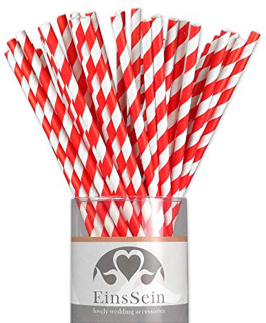 EinsSein 25x Papierstrohhalme Stripes Weiss-rot Hochzeit Party Geburtstag Strohhalme Trinkhalme Cake Pops Sticks und Candy Bar-Zubehör Stiele Papier Pappgeschirr Straws