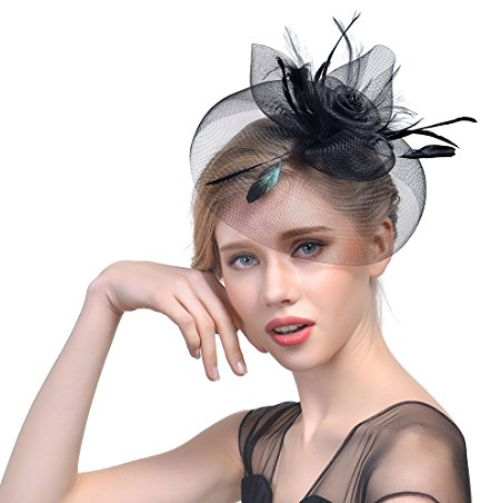 JZK Dame Vintage Fascinator Blume Kopfbedeckung Kopfstück Feder Haar Zubehör mit Clip & Stirnband, Elegant Haarschmuck Hut für Cocktail Party Hochzeit (Schleier, schwarz)