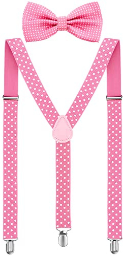 SATINIOR Suspender and Bow Tie Set 80s Clip on Suspenders for Men Women(Pink with White Dots)