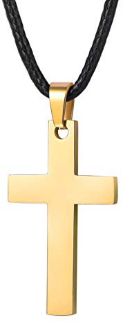 PROSTEEL Cross Necklace Mens, Gold Plated Cross Pendant with Leather Necklace Waterproof Wax Rope Chain 26 Inches -Send Gift Box