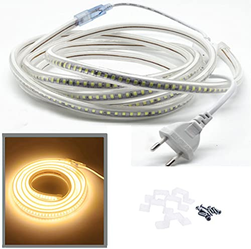 FOLGEMIR 9 Meter Warmweiß LED Band, 2835 SMD 144 Leds/m Lichtleiste, 220V 230V LED Strip, sehr helle Beleuchtung - ca. 900 LM pro Meter, IP65 wasserdicht