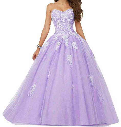 Vantexi Damen Spitze Tüll A-Linie Ballkleid Lang Abendkleider Brautkleider Quinceanera Kleider Flieder Größe 58