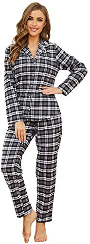 Mnemo Pyjama Femme Longue Flanelle Pyjama Femme Pyjama à Carreaux Femme 100% Coton, Noir, L