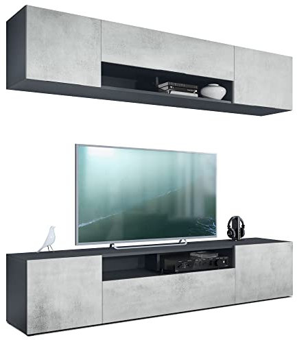 Vladon Wohnwand Mogan mit Zwei 181 x 39 x 35 cm Elementen, hängende Wohnzimmer Anbauwand mit 12 Fächern, Korpus in Anthrazit matt, Fronten in Beton Oxid Optik