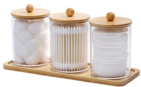 Tbestmax Qtip Apothekerbehälter, für Wattestäbchen, Kugeln, Pads, mit Waschtisch, 3 Stück, Holzdeckel