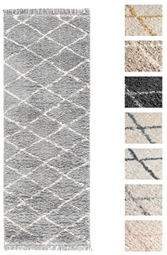 Wohnzimmer Shaggy Teppich 80 x 300 Silber Diamantmuster, Super Soft Moderner Hochflor Teppich
