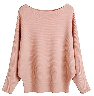 FULIER Boat Neck Batwing Sleeves Dolman Knitted Sweaters and Pullovers Tops for Women One Size (Pink)