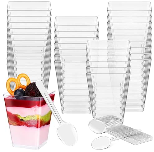 BonTiady, 50 Dessertbecher mit Löffel, 160 ml, Fingerfood-Behälter, Aperitif-Schalen, wiederverwendbar, für Mousse, Pudding, Eiscreme, Buffets, Partydesserts
