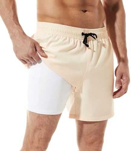 ineepor Badehose Herren mit Kompression Badehose mit innenhose Board Shorts 2 in 1 Reißverschlusstasche kurz Badehose