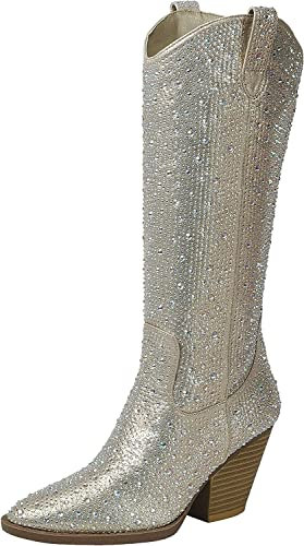 Forever Rhinestone Pointed Toe Cowboy Boots, Champagne Rhinestone, 7 UK
