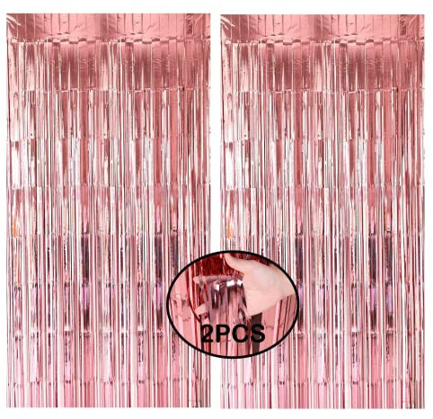 AMZJIMTOP Rose Gold Tinsel Foil Fringe Curtain Party Decorations 2Pcs 3.3ft *6.6ft Metallic Tinsel Curtains Streamers Party Backdrop Foil Curtain for Birthday Party Wedding Holiday Decoration