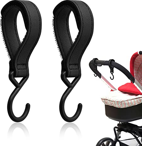 Laughhe Ganci Passeggino 2 Pezzi Moschettoni Passeggino Ganci, Gancio Universale per Carrozzina, Ganci Passeggino in Pelle Vegana Nera per Appendere Borsa per La Spesa Borse Borsette