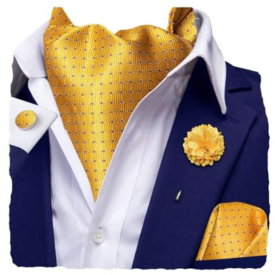 Hi-Tie Men's Cravat And Flower Lapel Pin Set Jacquard Silk Ascot Handkerchief Cufflinks For Wedding Party Daily Dress