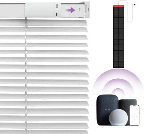 Motorized Smart Blinds with Remote Control, Solar Powered, Cordless, Automatic, Electric, Light Filtering, Compatible with Google Alexa, White, 26 W x 64 H